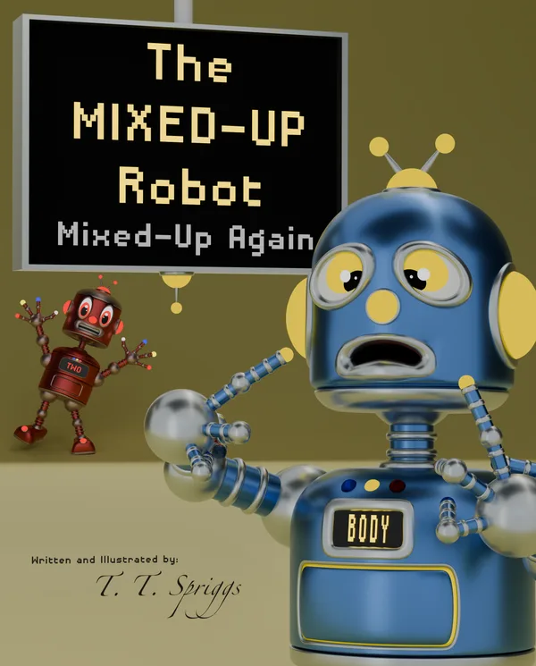 The Mixed-Up Robot: Mixed-Up Again, Book 2 concept cover featuring Mixed-Up confused about her own body.
