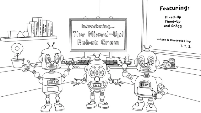 Mixed-Up Robot crew coloring page, one of the free activities in the works