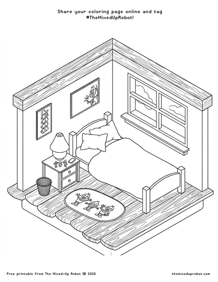 Kid's bedroom coloring page, themed with Mixed-Up Robot decor