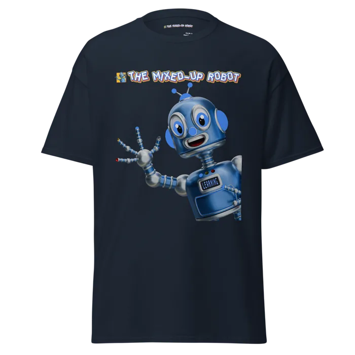 Unisex adult classic tee, navy, featuring the Mixed-Up Robot waving hello