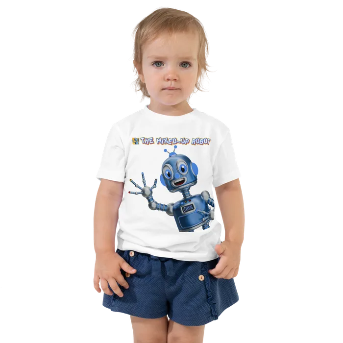 Toddler short sleeve tee, white, featuring the Mixed-Up Robot waving hello