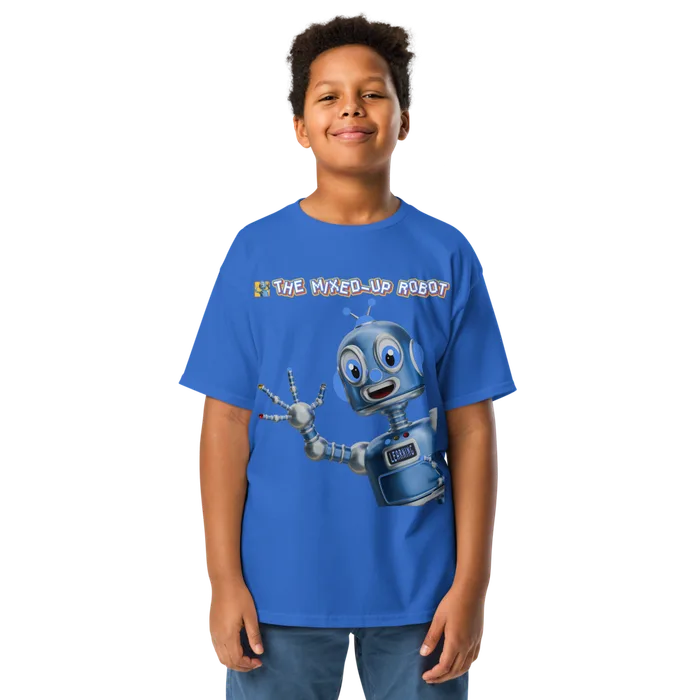 Youth classic tee, royal blue, featuring the Mixed-Up Robot waving hello